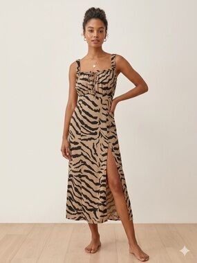 Bar III Beige and Black Zebra-Print Midi Dress with Side Slit